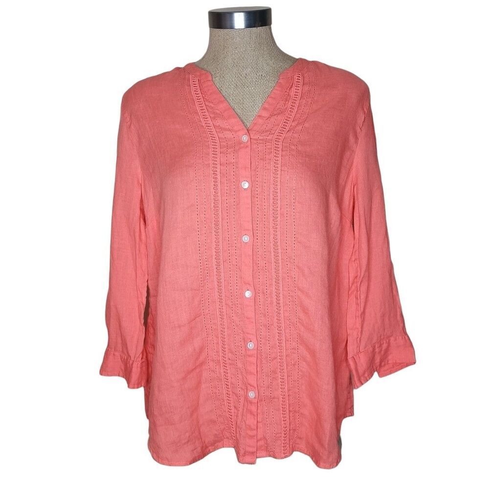 Charter Club Womens Top Blouse PL 100% Linen Button Front Petite Large Orange